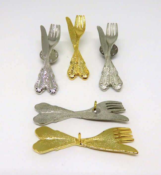 Fork & Knife Pins, gold, silver & Pewter like finish